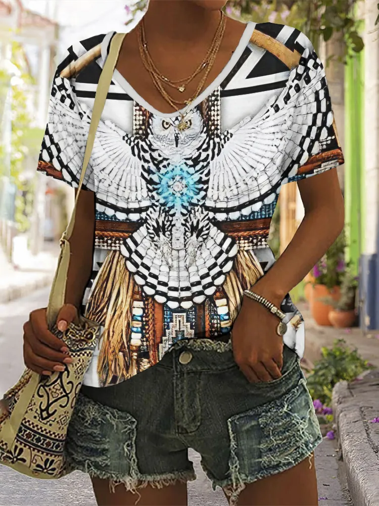 Women's Vintage Eagle Tassels Gradient Printed Casual T-Shirt