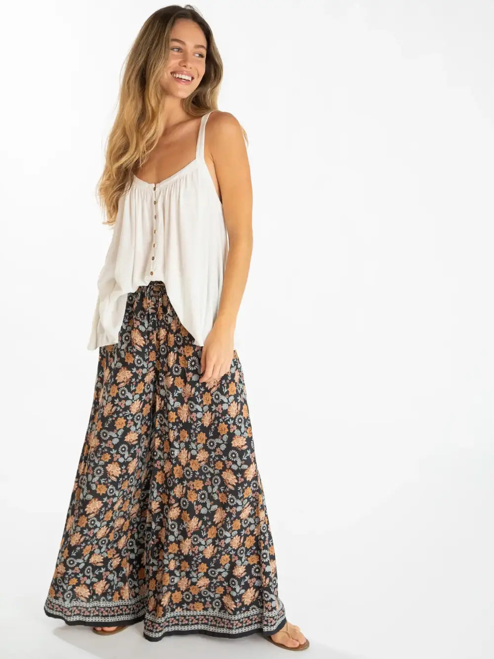 Go With The Flow Wide Leg Pant - Charcoal Light Blue Floral Border