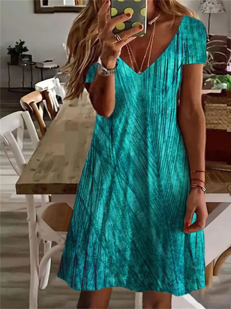 Basic Turquoise Inspired Velvet Art V Neck Midi Dress