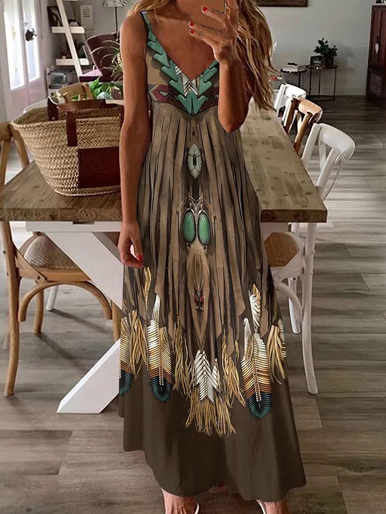 Retro Feather Geometry Casual Print Sleeveless Maxi Dress