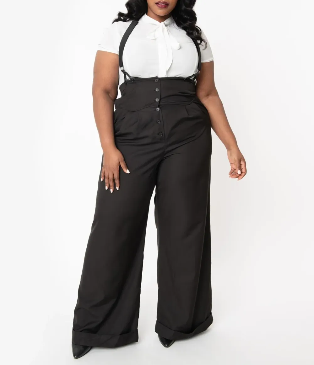 Unique Vintage Plus Size 1930s Black Thelma Suspender Pants