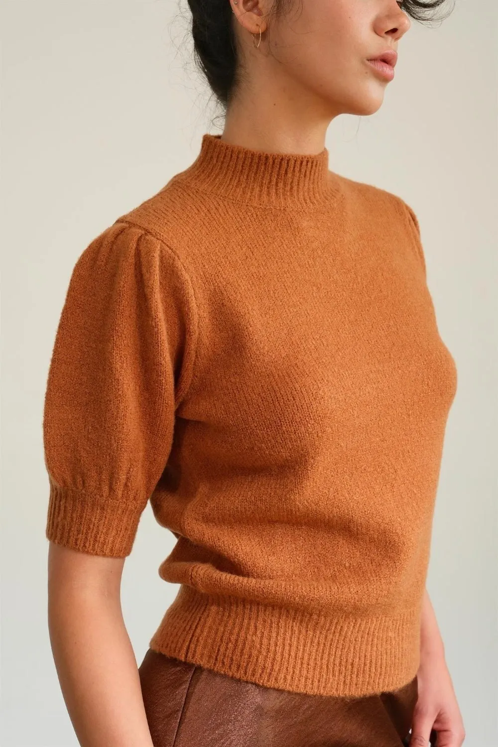 Mock Neck Puff Sleeve Sweater - Chocolate