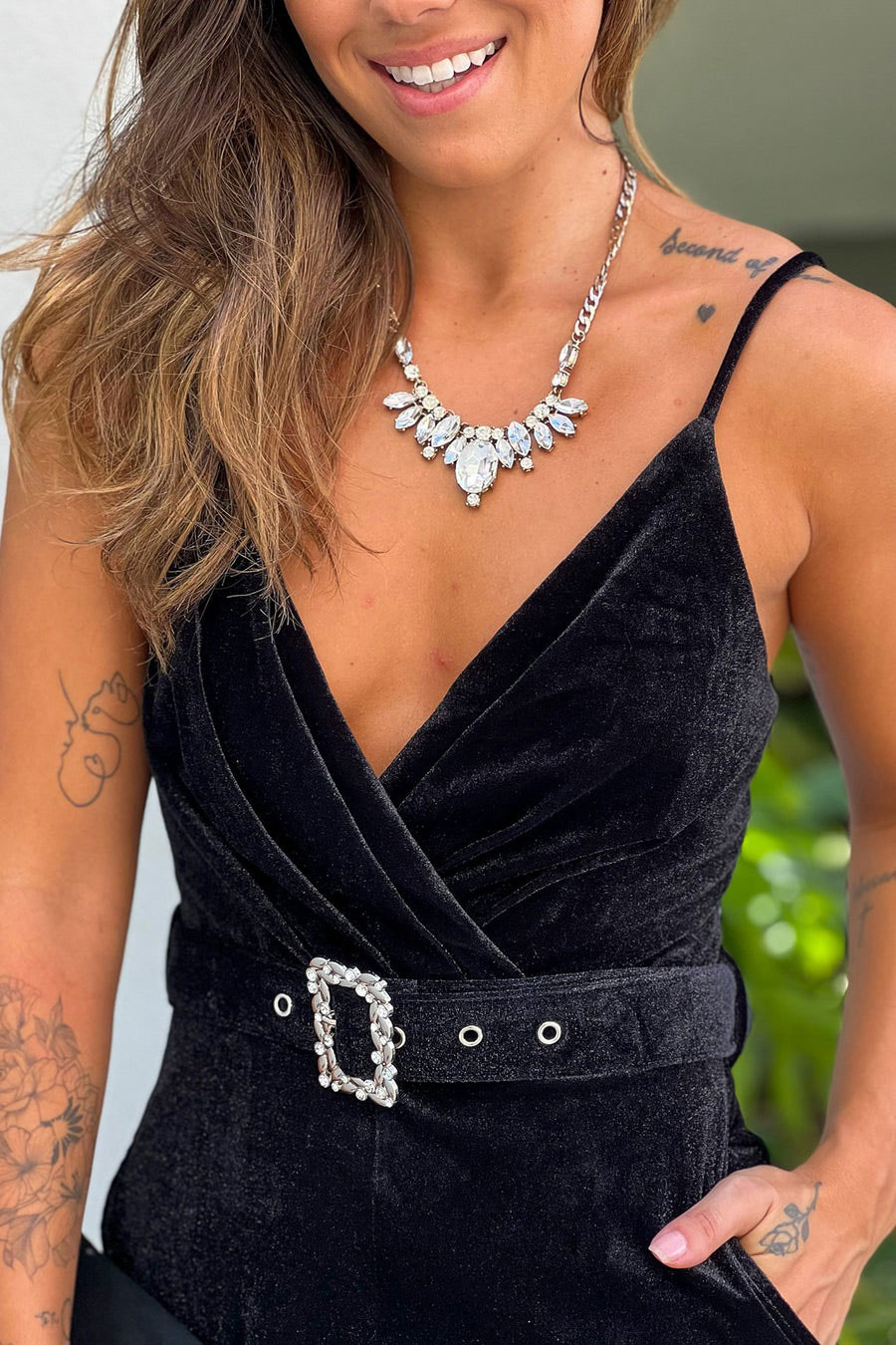 Black Velvet Jumpsuit With Rhinestone Belt