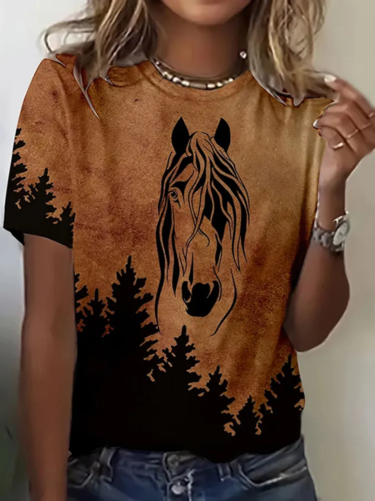 Women's Retro Western Horse Print Casual T-Shirt