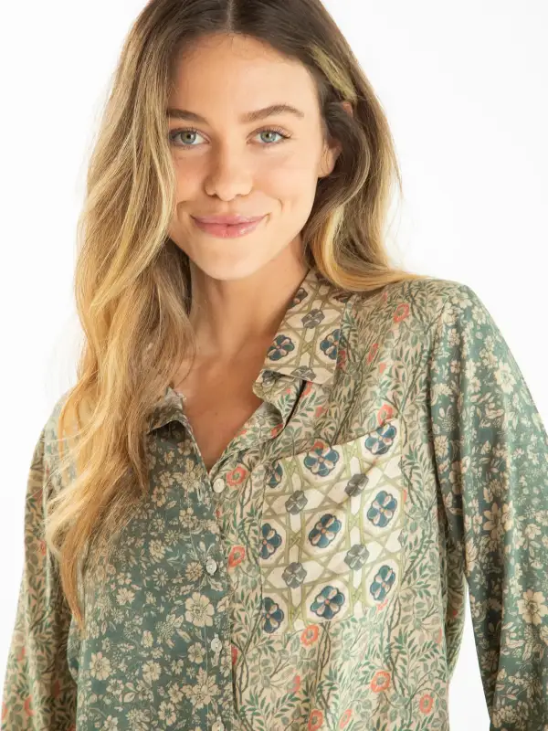 Lola Tie Button Down - Cream Sage Mixed Floral