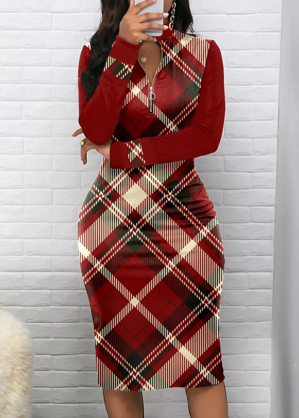 Plaid Zipper Wine Red Long Sleeve Bodycon Dress