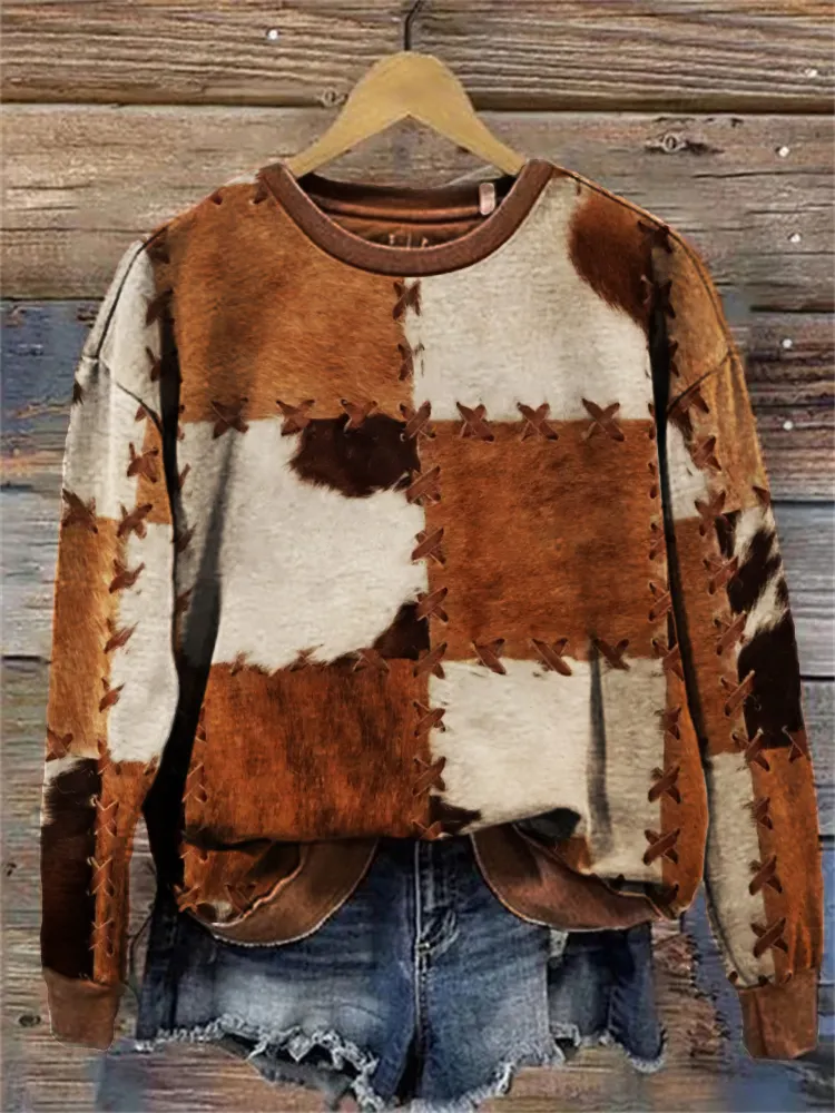 Cowhide Patchwork Art Vintage Cozy Sweatshirt