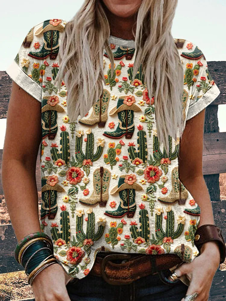 Western Boots And Floral Embroidery Pattern Cozy T-Shirt