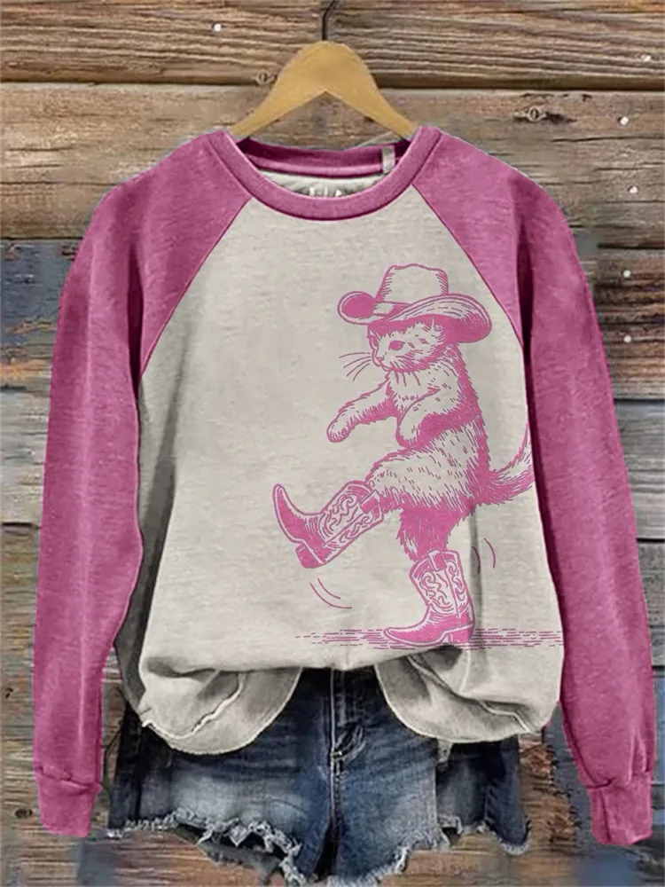 Lovely Cat Cowboy Contrast Color Raglan Sweatshirt