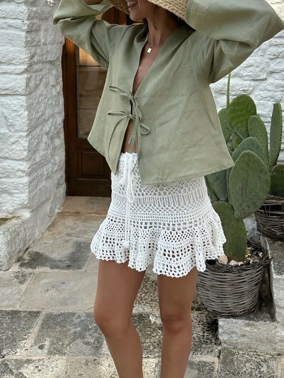 Oversized Long Tie-Front Sleeve Blouse