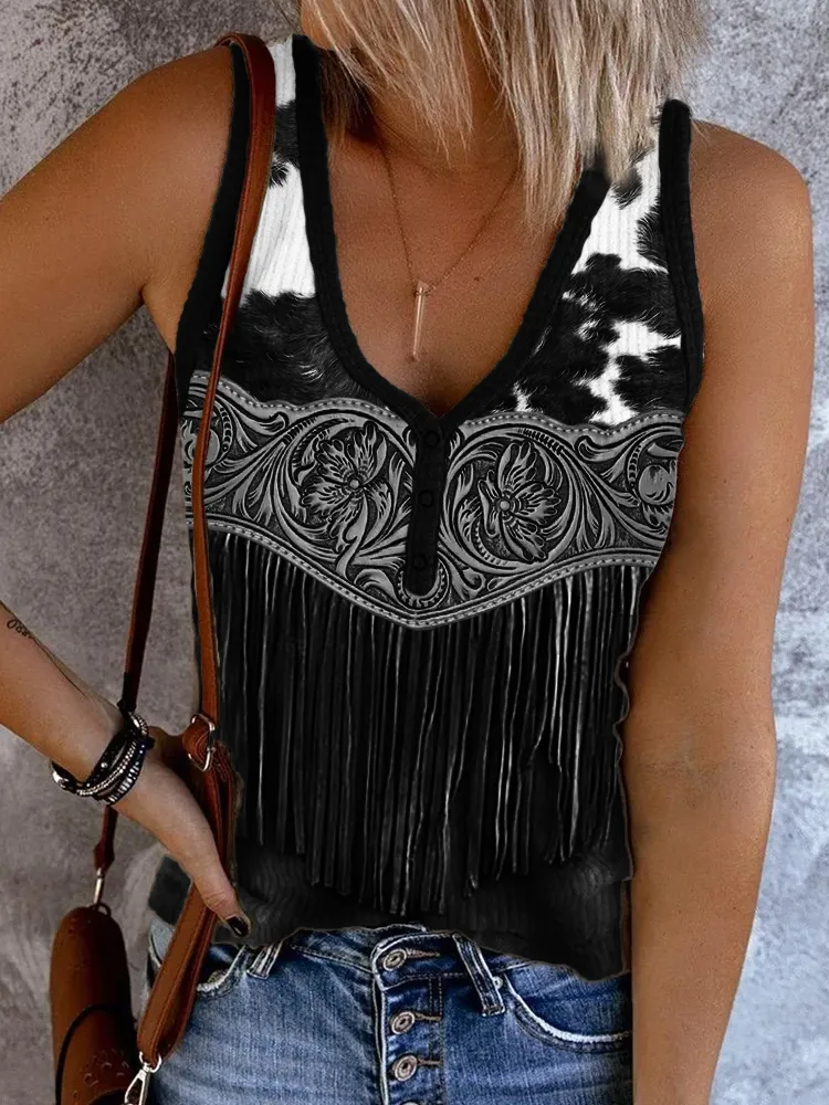 Cowhide Floral Leather Tassels Button Up Tank Top