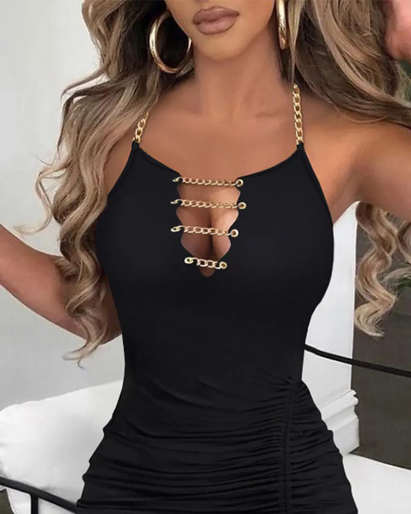 Chain Decor Drawstring Slit Bodycon Dress