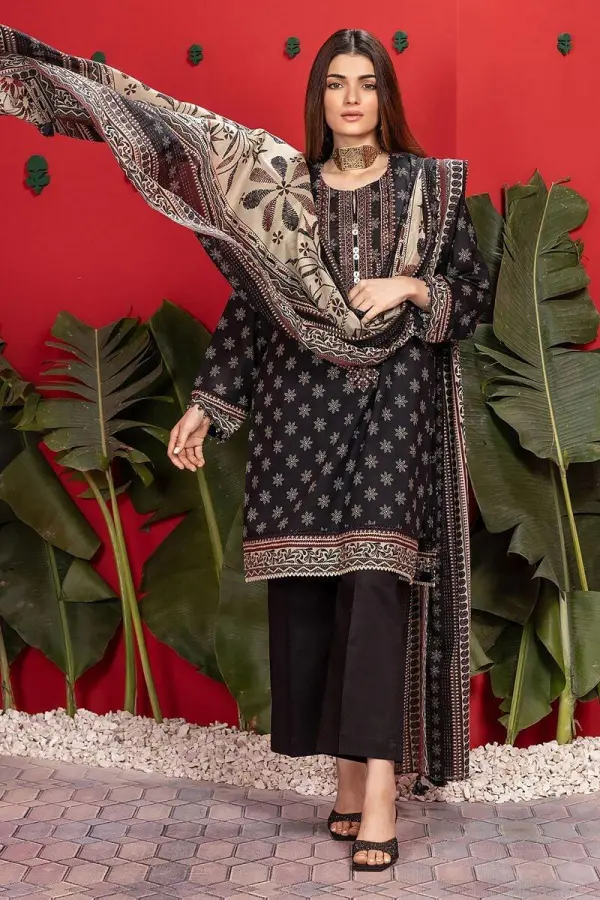 3 Piece Kurta Embroidered | Dupatta& Bottom & Tops | Color Black