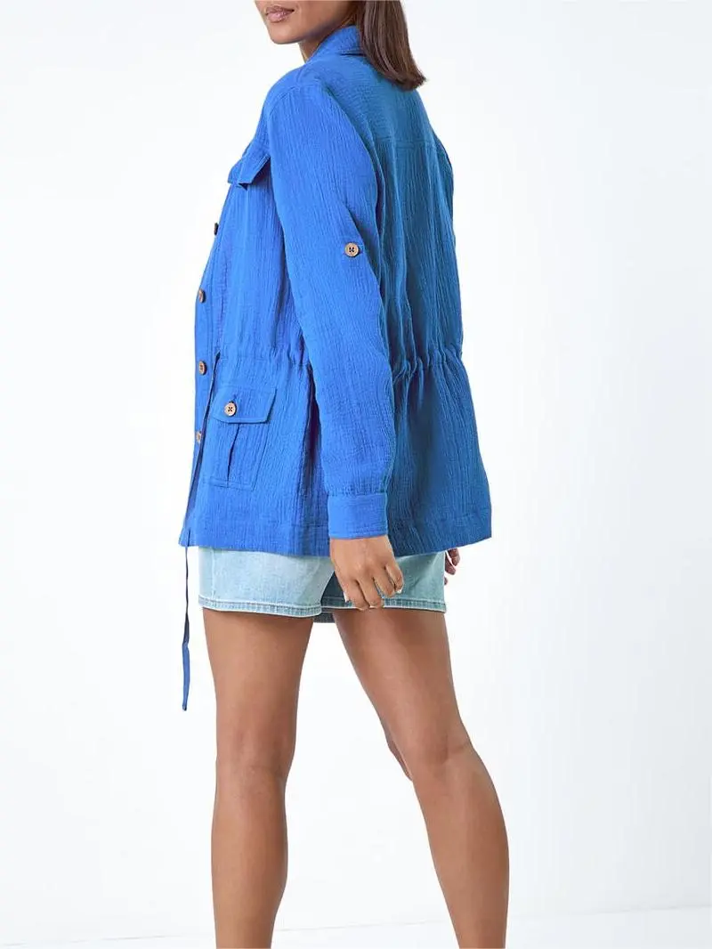 Blue Textured Tie Waist Shirt Jacket