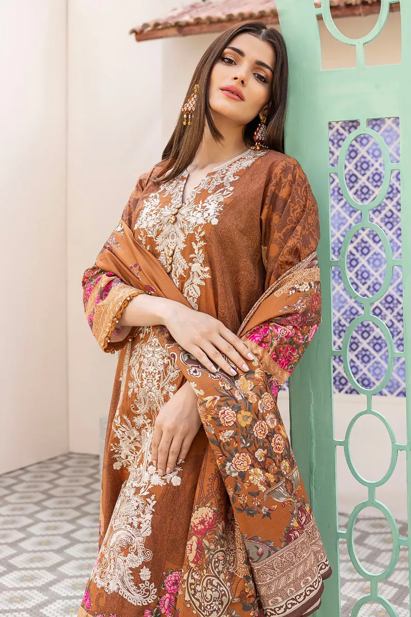 3 Piece Kurta Embroidered | Dupatta& Bottom & Tops | Color Brown