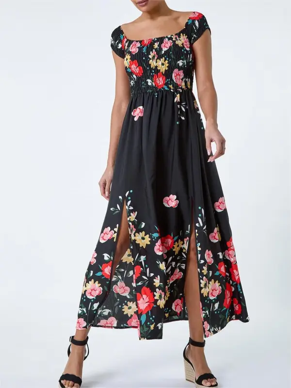 Floral off-shoulder slit dress