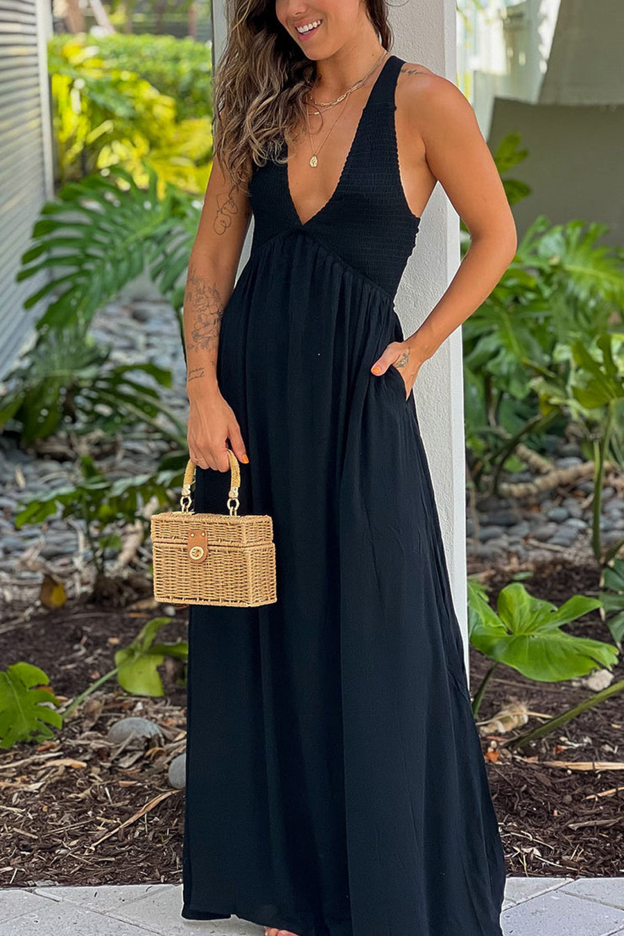 Black Maxi Dress With Smocked Top