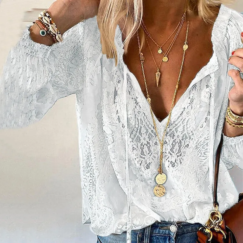 Boho Lace Hollow Out V Neck Long Sleeve Top