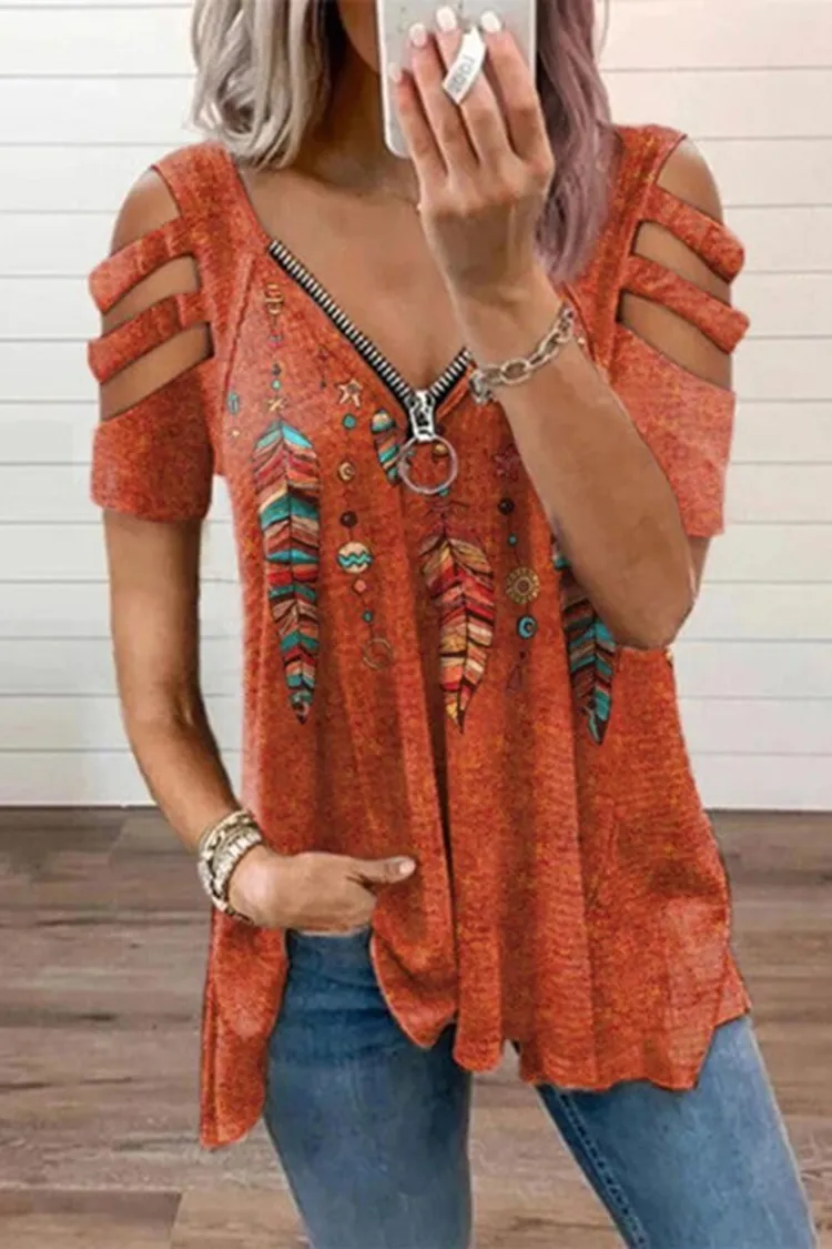 Cutout Feather Print Long Sleeve T-Shirt