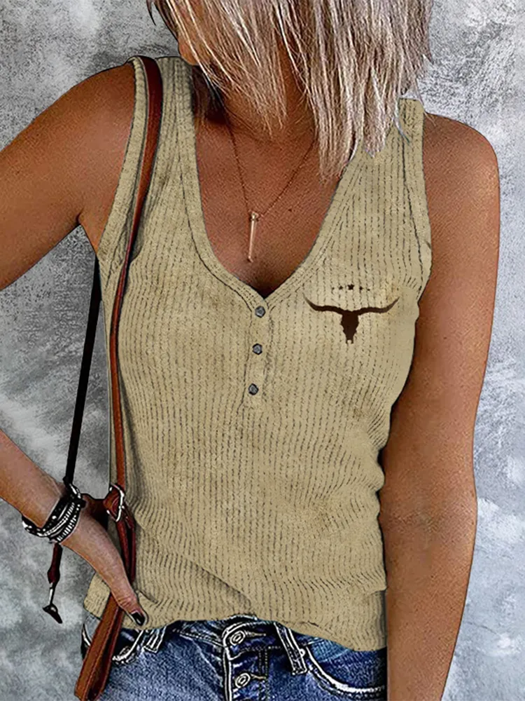 Vintage Western Print V-Neck Sleeveless Tank Top