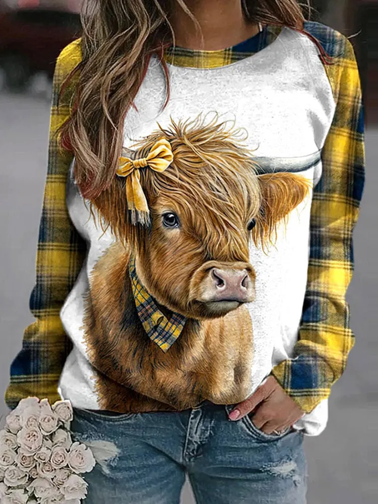 Plaid Highland Cows Print Casual Sweatshirt