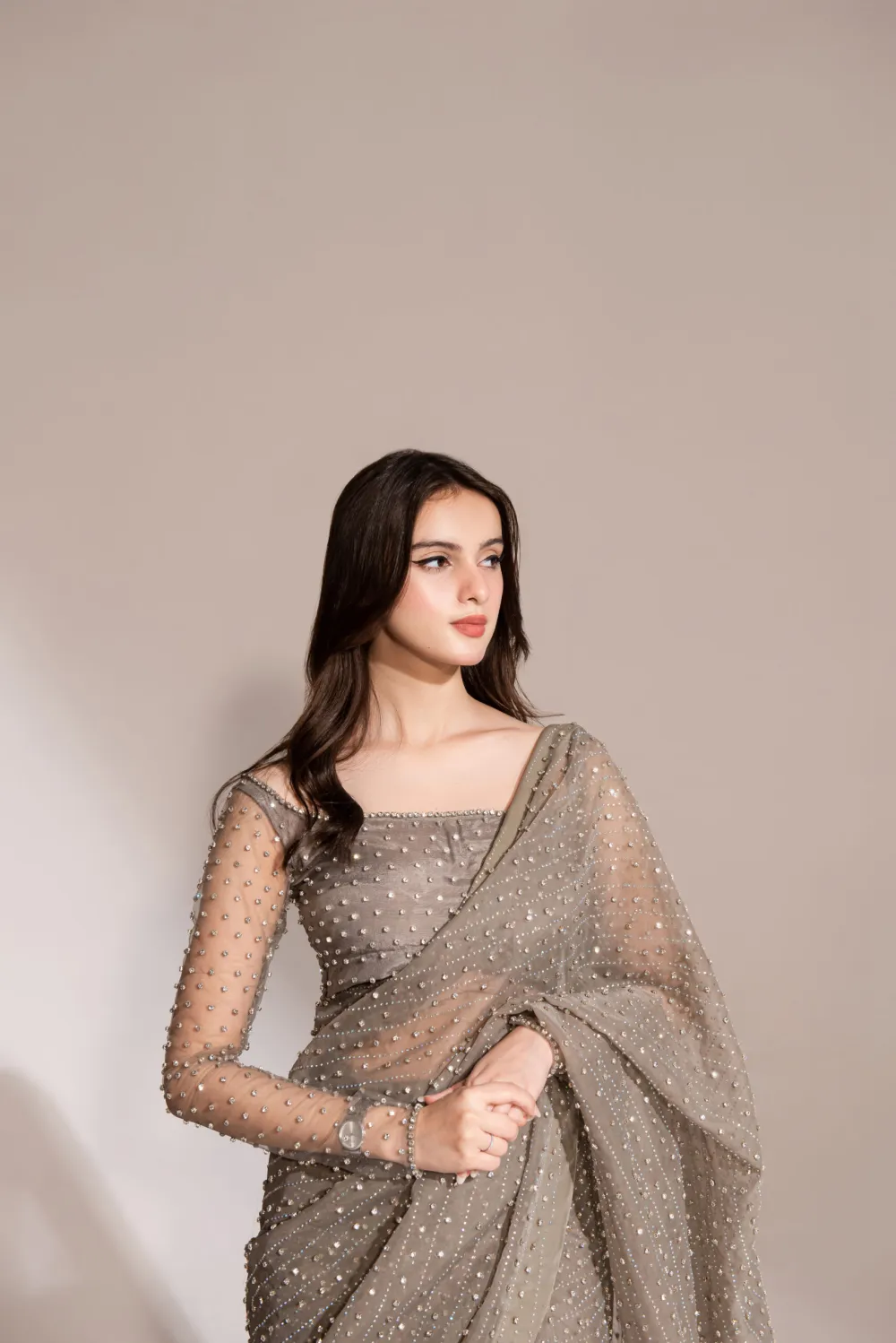 Gray Crystal Saree