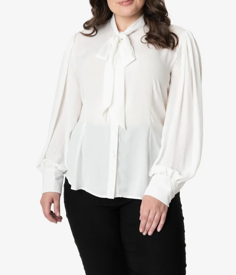 Unique Vintage Plus Size 1940s White Neck Tie Gwen Blouse