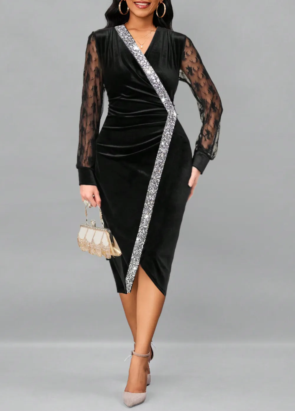 Sequin Black Long Sleeve V Neck Dress