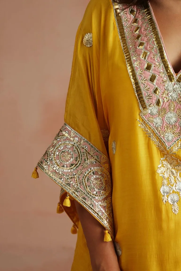 Yellow Gota Embroidered Kaftan