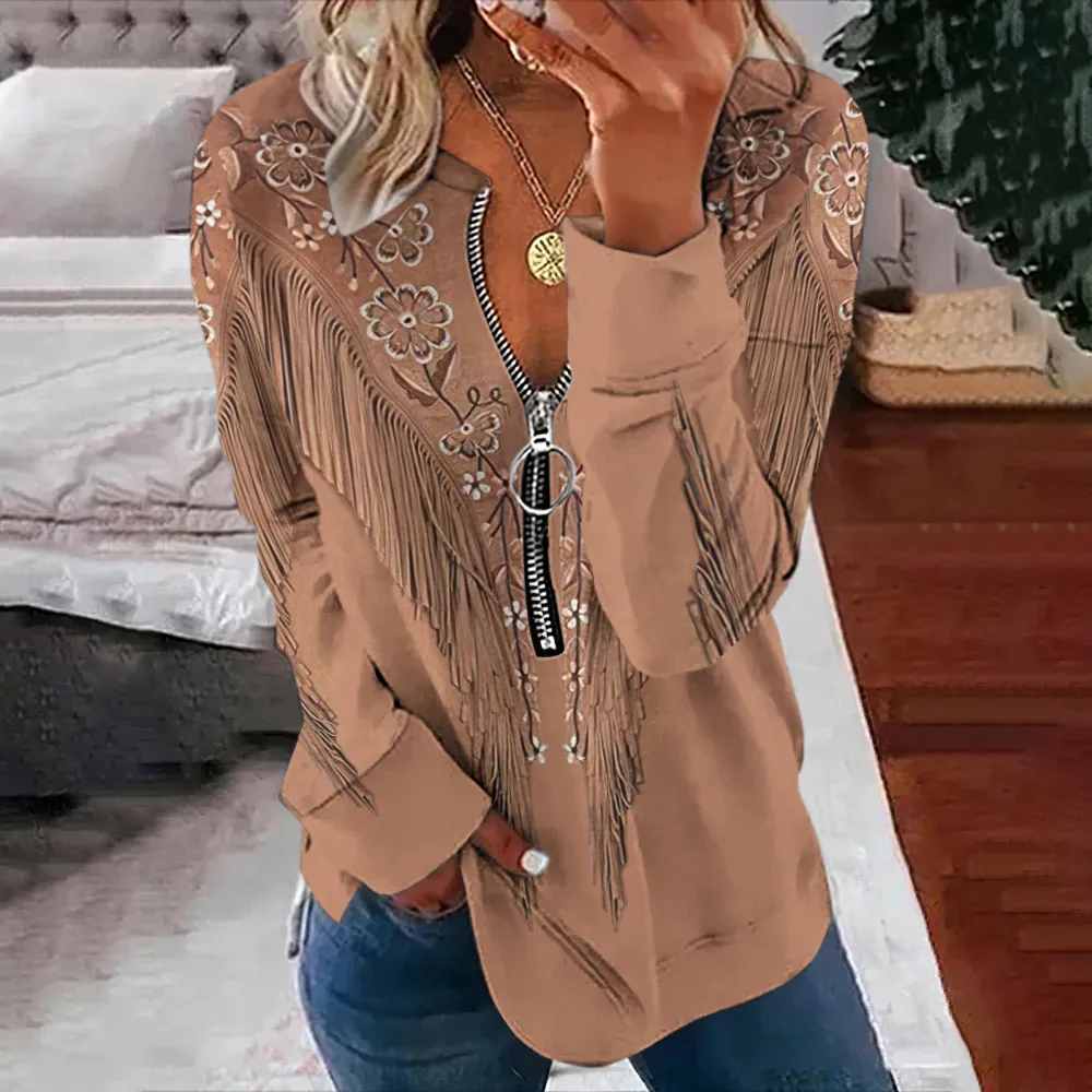 Western Tassel Printed V-Neck Casual Sweatshirt