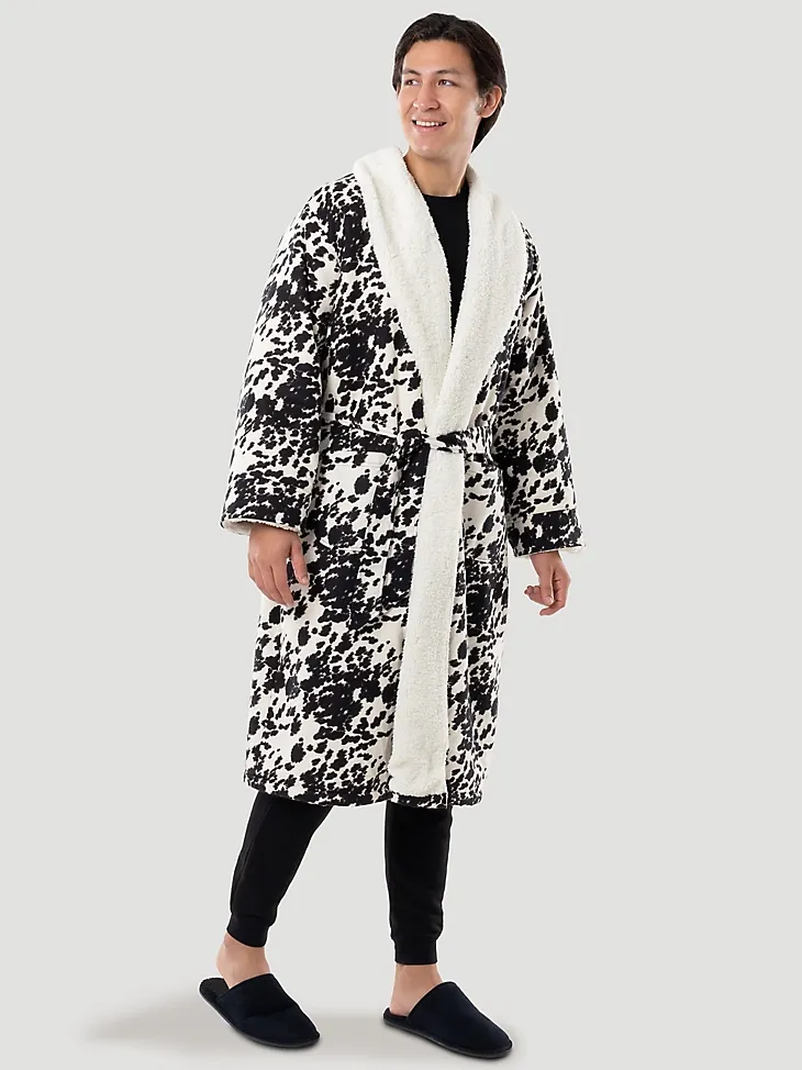 FLANNEL COW PRINT SHERPA LINED ROBE IN CAVIAR