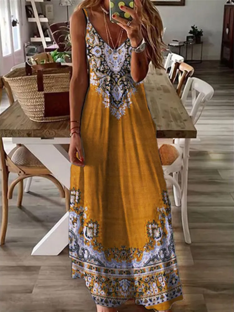 Boho Ethnic Floral V Neck Cami Max Dress