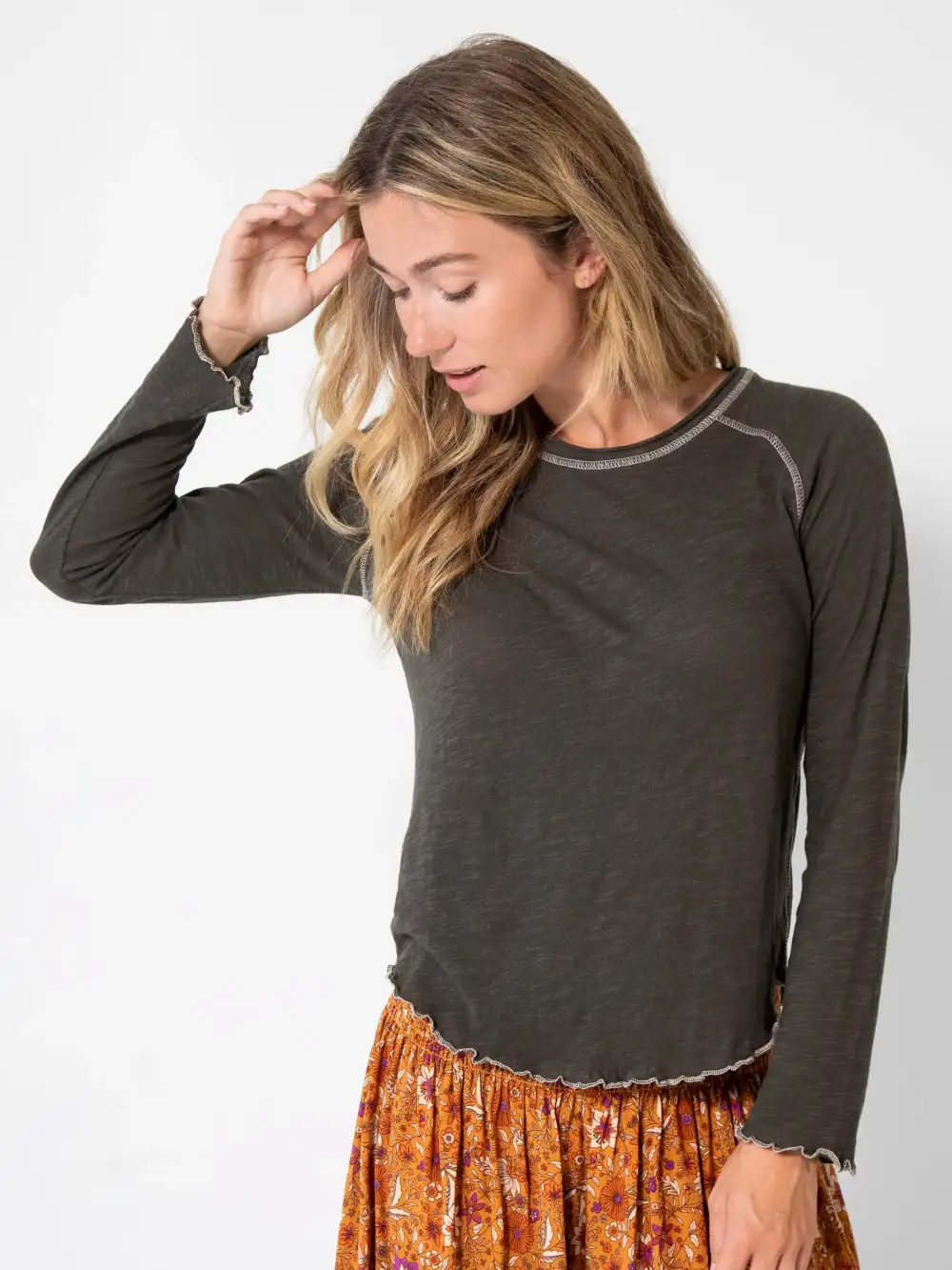 Lily Knit Cotton Long Sleeve Tee Shirt - Charcoal