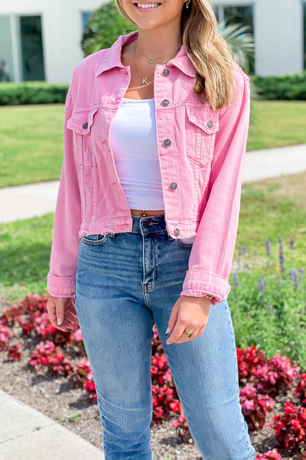 Short pink denim button jacket