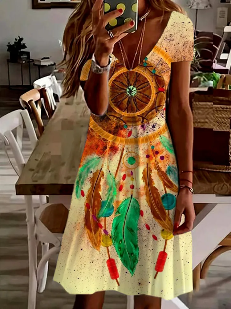 Western Dream Catcher Graphic V Neck Midi Dress