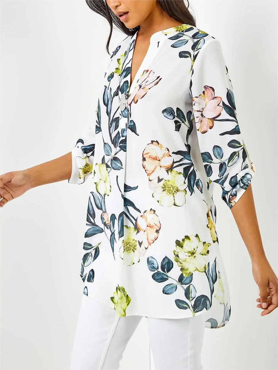 Ivory V-Neck Longline Button Detail Floral Tunic Top