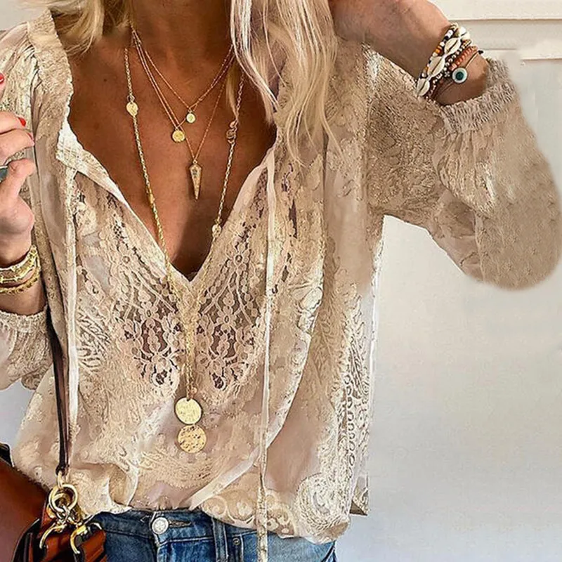 Boho Lace Hollow Out V Neck Long Sleeve Top