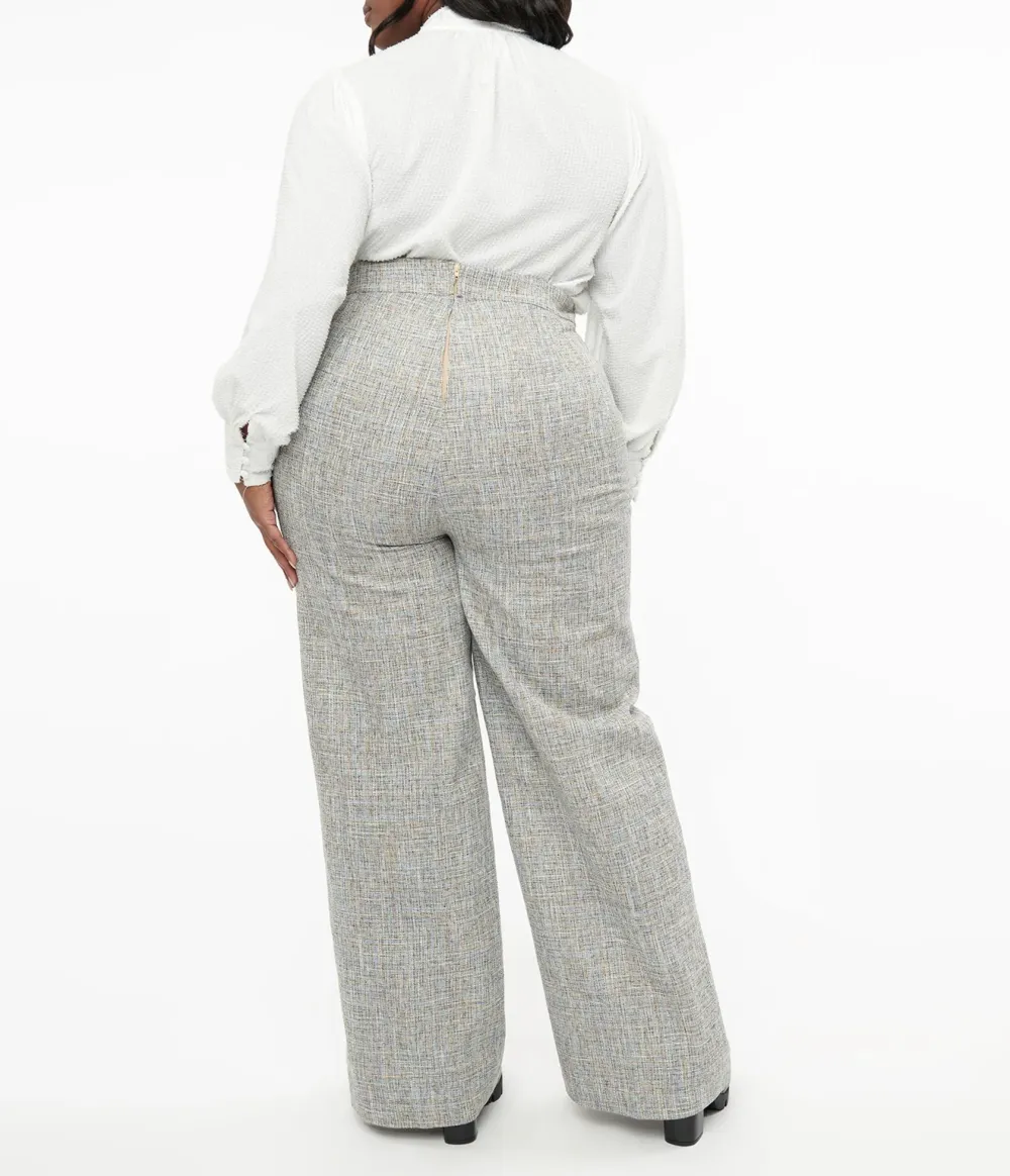 Unique Vintage Plus Size 1940s Beige & Baby Blue Tweed High Waist Pants