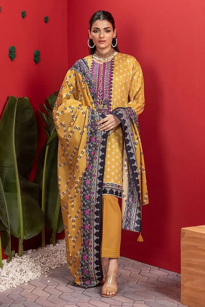 3 Piece Kurta Embroidered | Dupatta& Bottom & Tops | Color yellow