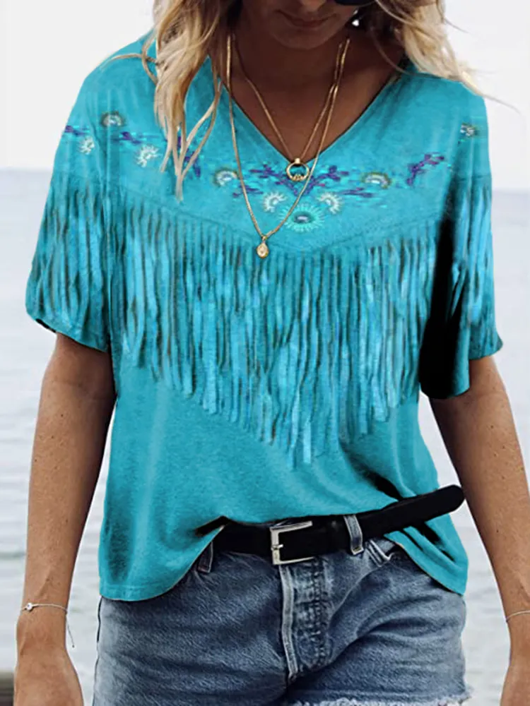 Western Fringe Print V-Neck T-Shirt