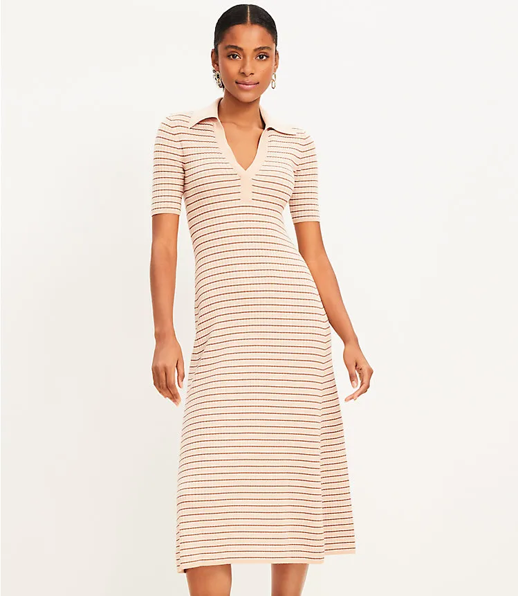 Stripe Ribbed Collared Midi Sweater Dress