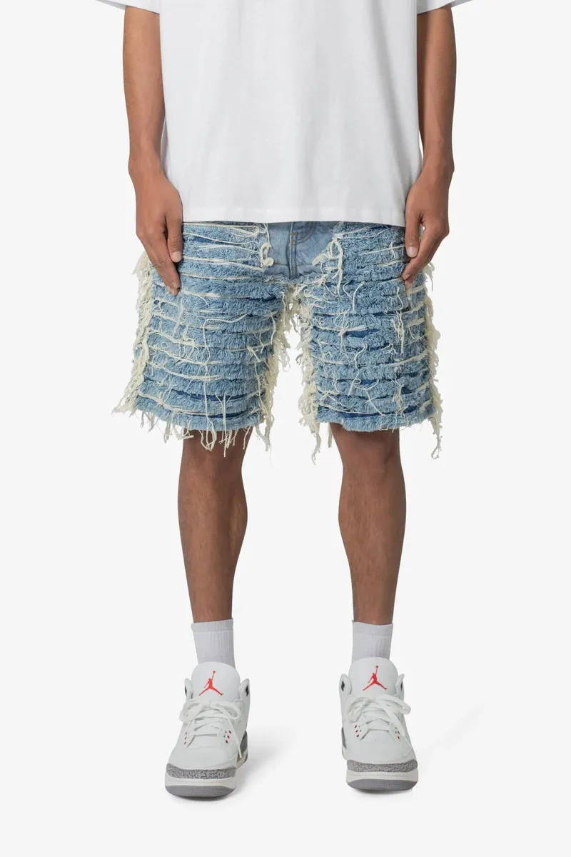 ALLOVER FRAYED DENIM SHORTS