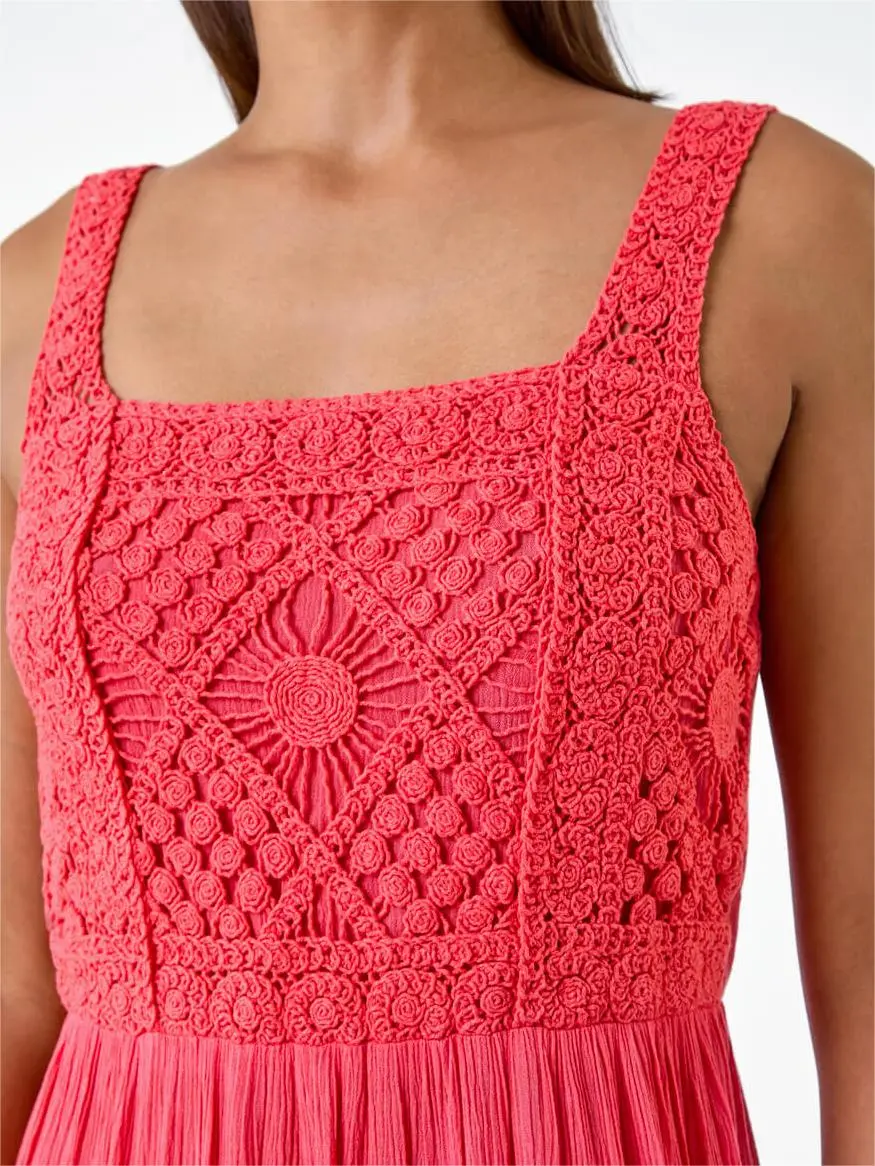 Red Crochet Detail Cotton Blend Maxi Dress