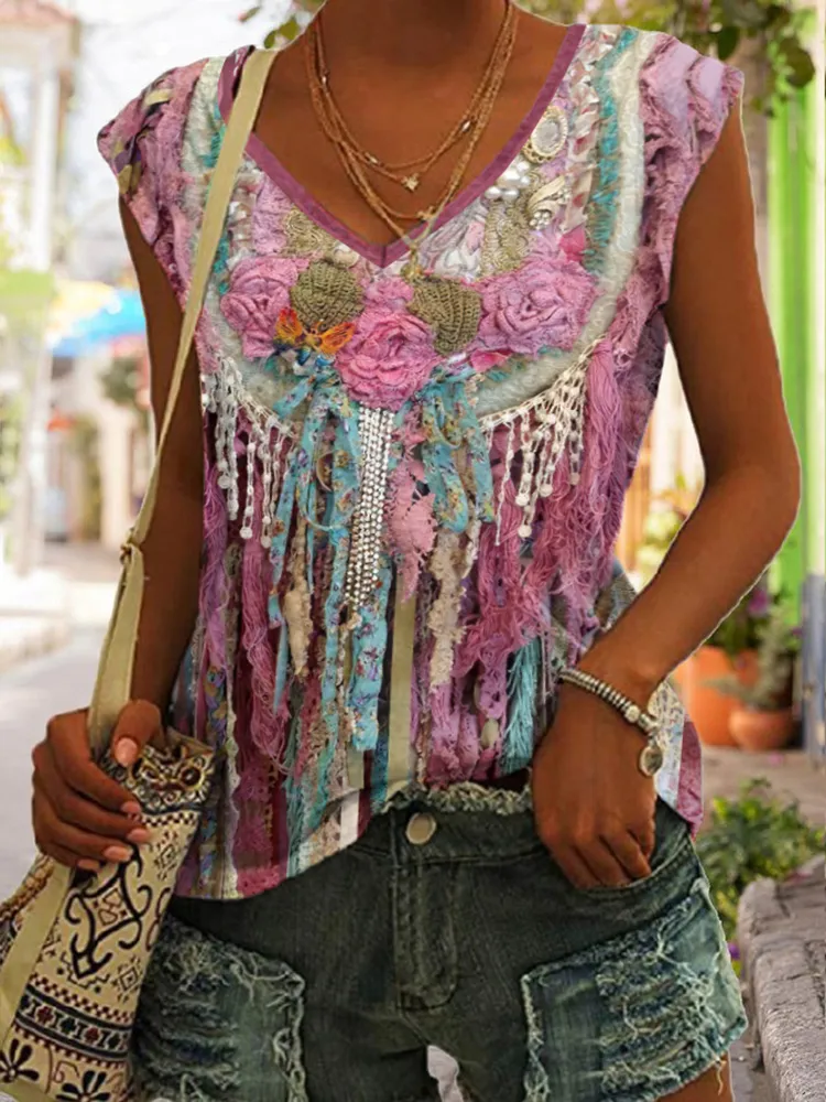 Western Fringed Print V-Neck Sleeveless Casual Tank Top