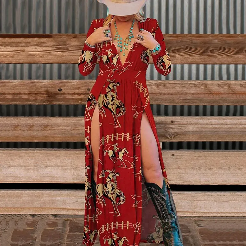 Women's Vintage Western Boho Wild West Art Print Slit Deep V Neck Dress