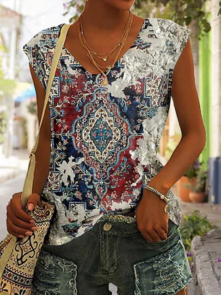 Vintage Western Print V-Neck Tank Top