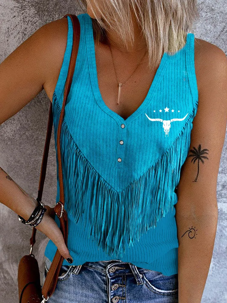 Western Vintage Leather Fringe Art Button Up V Neck Tank Top