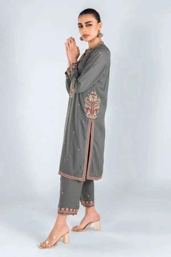 3 Piece Kurta Embroidered | Dupatta& Bottom & Tops | Color Dark gray