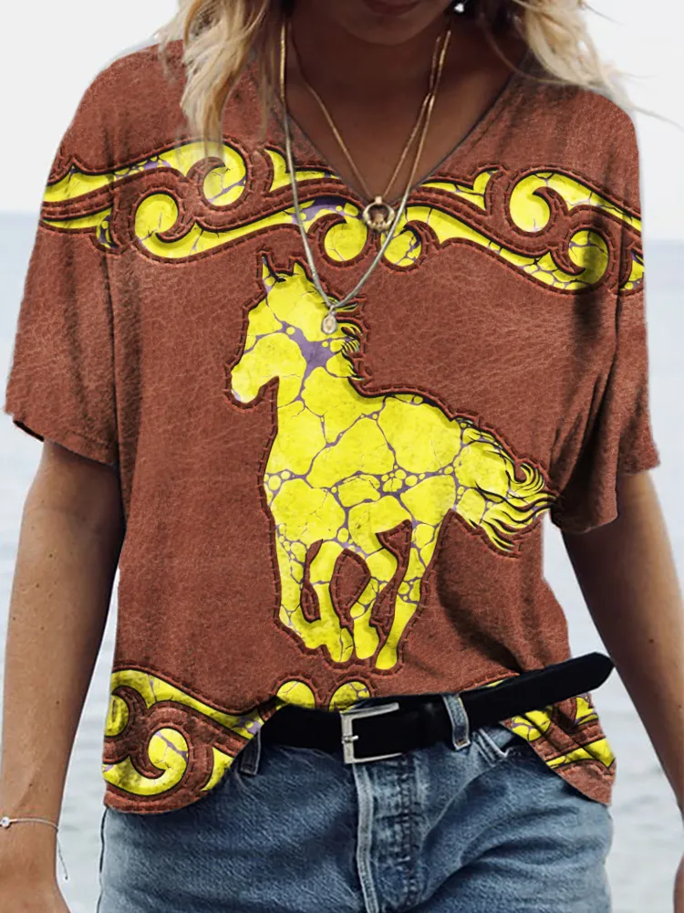 Western Leather Appearance Horse Graphic V Neck T Shirt