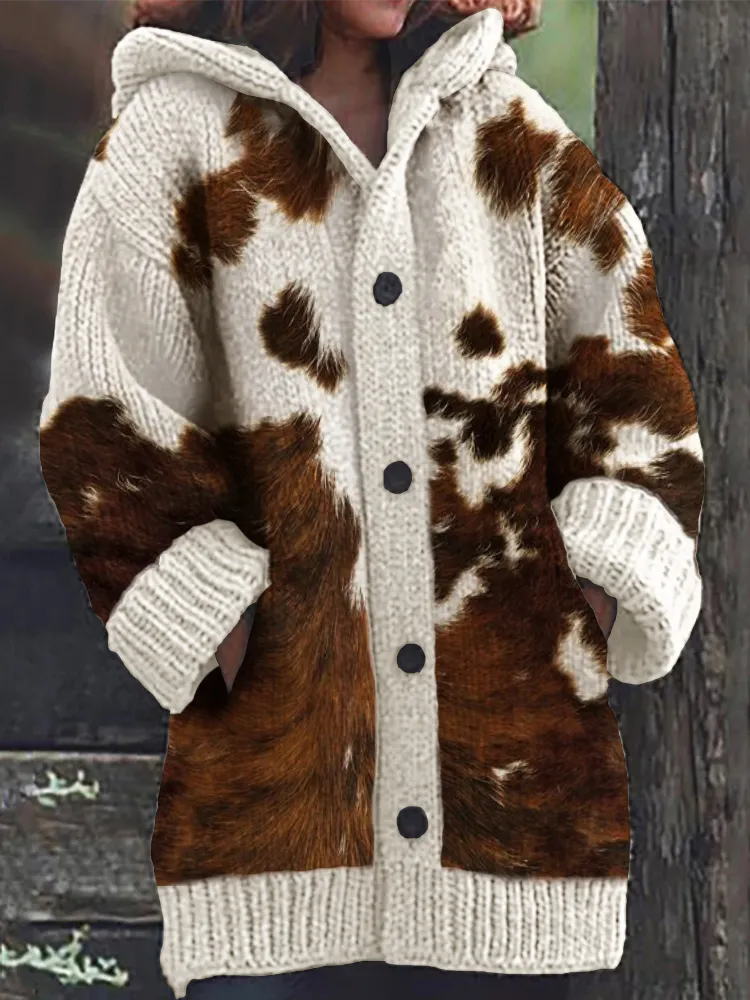 Cowhide Pattern Cozy Knit Hooded Cardigan